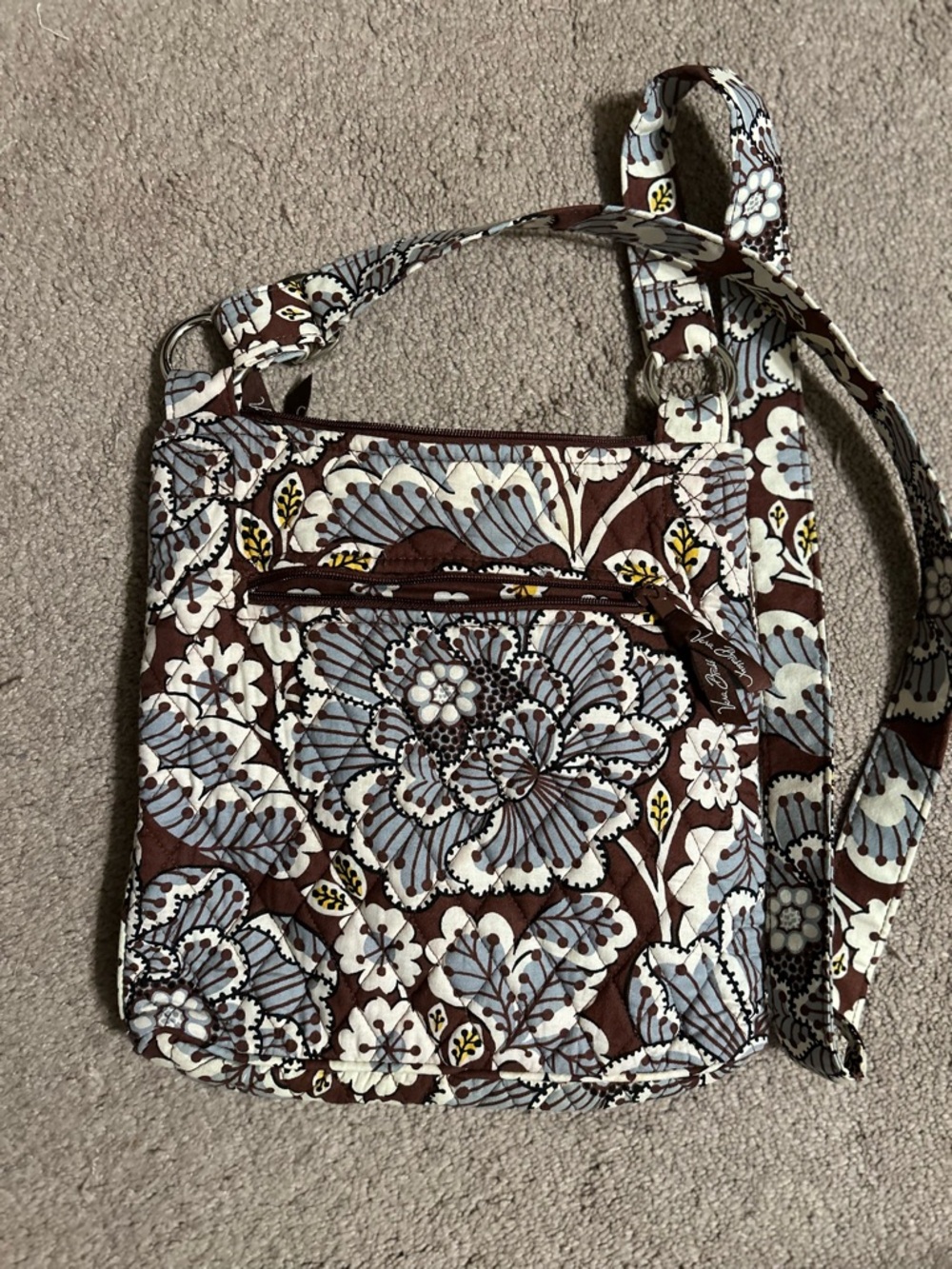 Vera Bradley Slate Blooms Brown Floral Quilted Crossbody with Light Blue Accents
